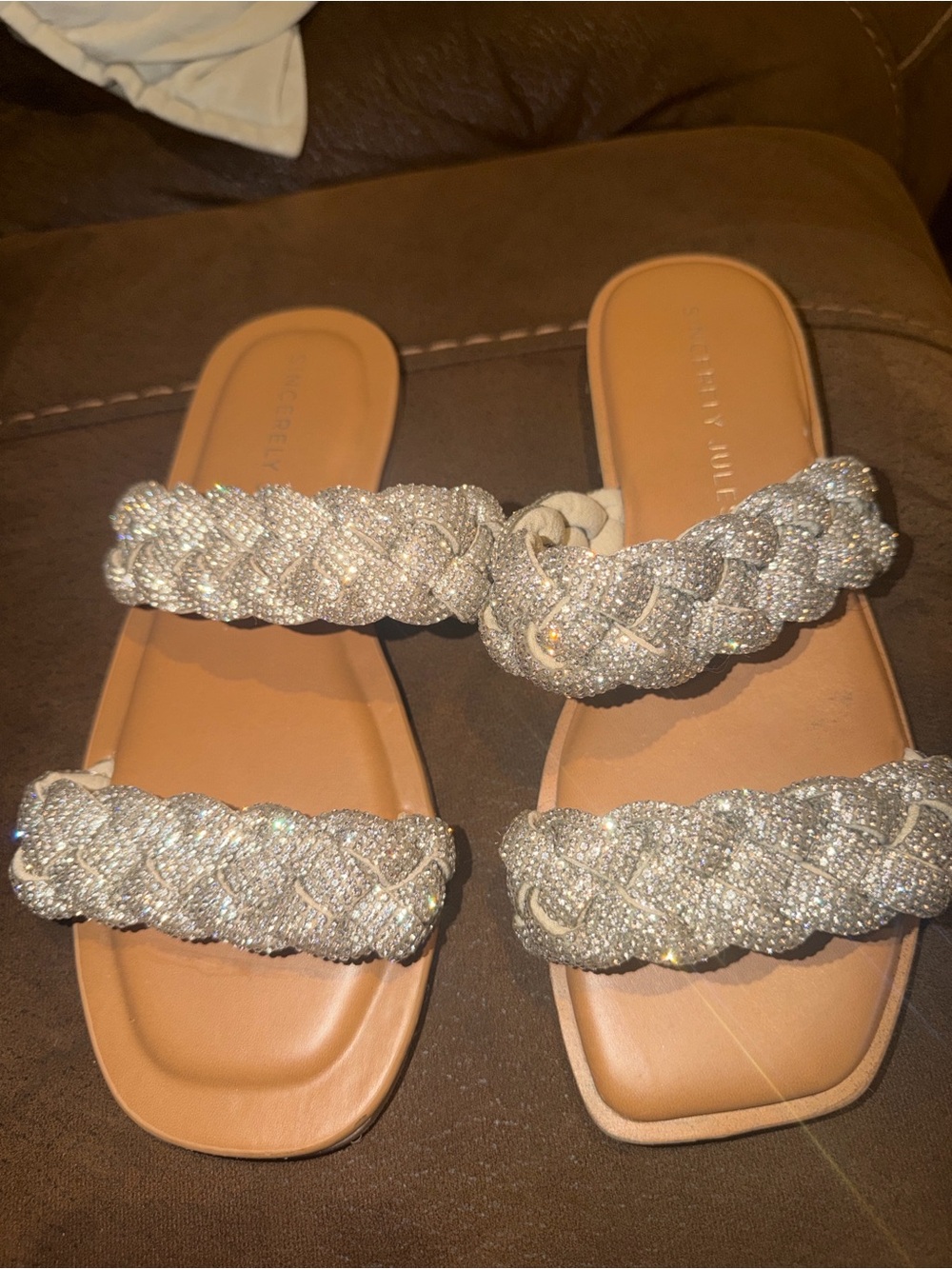Sincerely Jules Silver Braided Crystal Double-Strap Slide Sandals